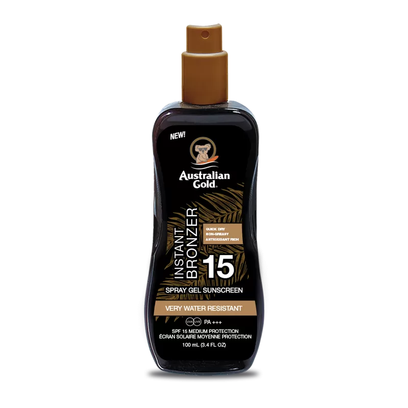 australian gold, gel spray abbronzante, protezione 15, spf 15, Prodotti solari,  Creme solari,  Protezione solare, Crema solare corpo, Prodotti solari per pelle sensibile, Solari anti-invecchiamento