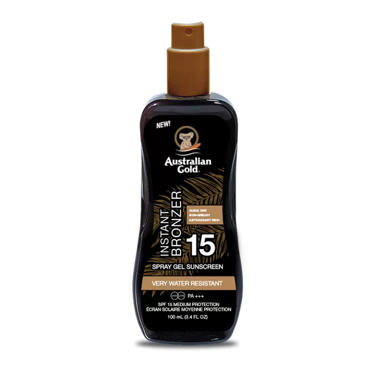 australian gold, gel spray abbronzante, protezione 15, spf 15, Prodotti solari,  Creme solari,  Protezione solare, Crema solare corpo, Prodotti solari per pelle sensibile, Solari anti-invecchiamento