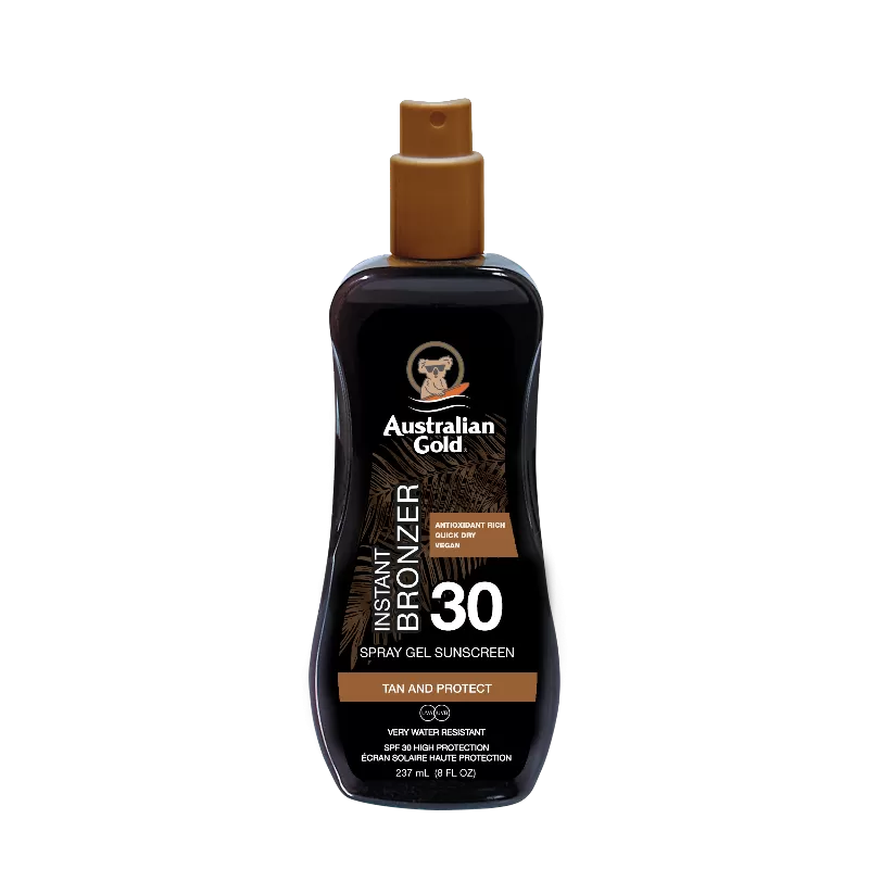 australian gold, instant bronzer, spray gel, abbronzante istanataneo, lozione idratante, spf 30, protezione 30, Prodotti solari,  Creme solari,  Protezione solare, Prodotti solari per pelle sensibile, Solari anti-invecchiamento
