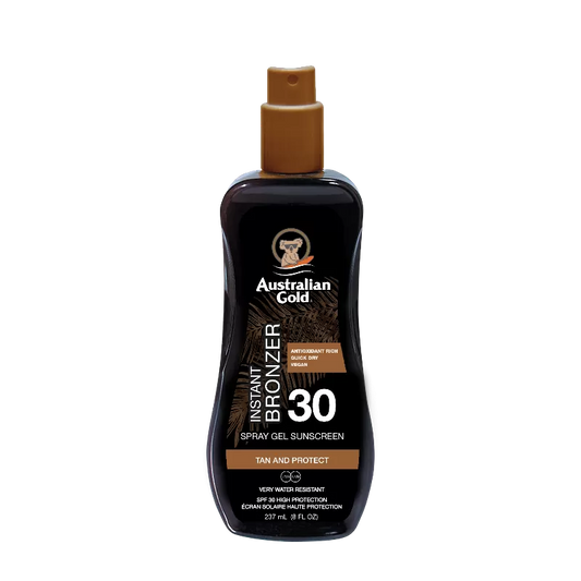 australian gold, instant bronzer, spray gel, abbronzante istanataneo, lozione idratante, spf 30, protezione 30, Prodotti solari,  Creme solari,  Protezione solare, Prodotti solari per pelle sensibile, Solari anti-invecchiamento