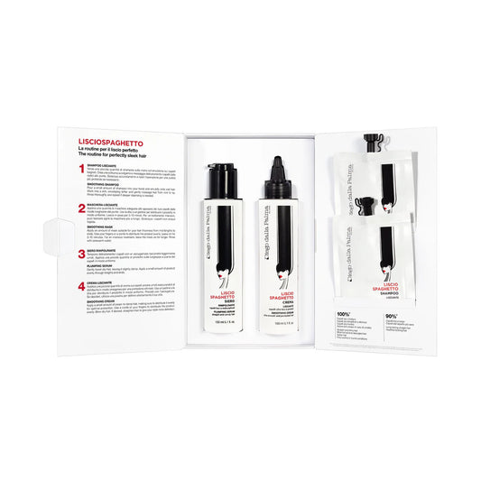 1. SHAMPOO LISCIANTE discovery size 50 ml:
Versa una piccola quantità di shampoo sulla mano ed emulsiona sui capelli bagnati. Crea una schiuma avvolgente e massaggia delicatamente i capelli dalle radici alle punte. Sciacqua accuratamente e ripeti l'operazione per una pulizia più profonda se necessario.

2. MASCHERA LISCIANTE discovery size 30 ml:
Applica una quantità di maschera adeguata allo spessore dei tuoi capelli dalle medie lunghezze alle punte. Usa le dita o un pettine per distribuire il prodotto in 