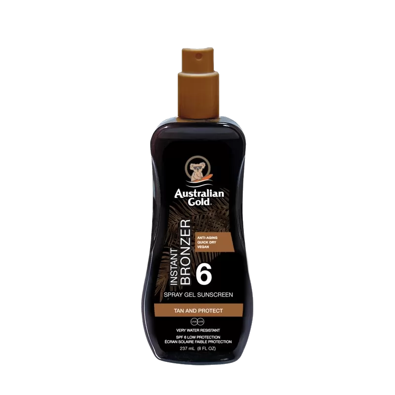australian gold, gel spray abbronzante, protezione 6, spf 6, Prodotti solari,  Creme solari,  Protezione solare, Crema solare corpo, Prodotti solari per pelle sensibile, Solari anti-invecchiamento